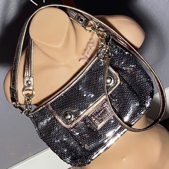 Coach Handbags - COACH - Groovy Poppy purse: graphite sequins, leather & satin, Coach charm